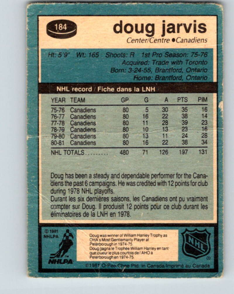 1981-82 O-Pee-Chee #184 Doug Jarvis Montreal Canadiens V30773