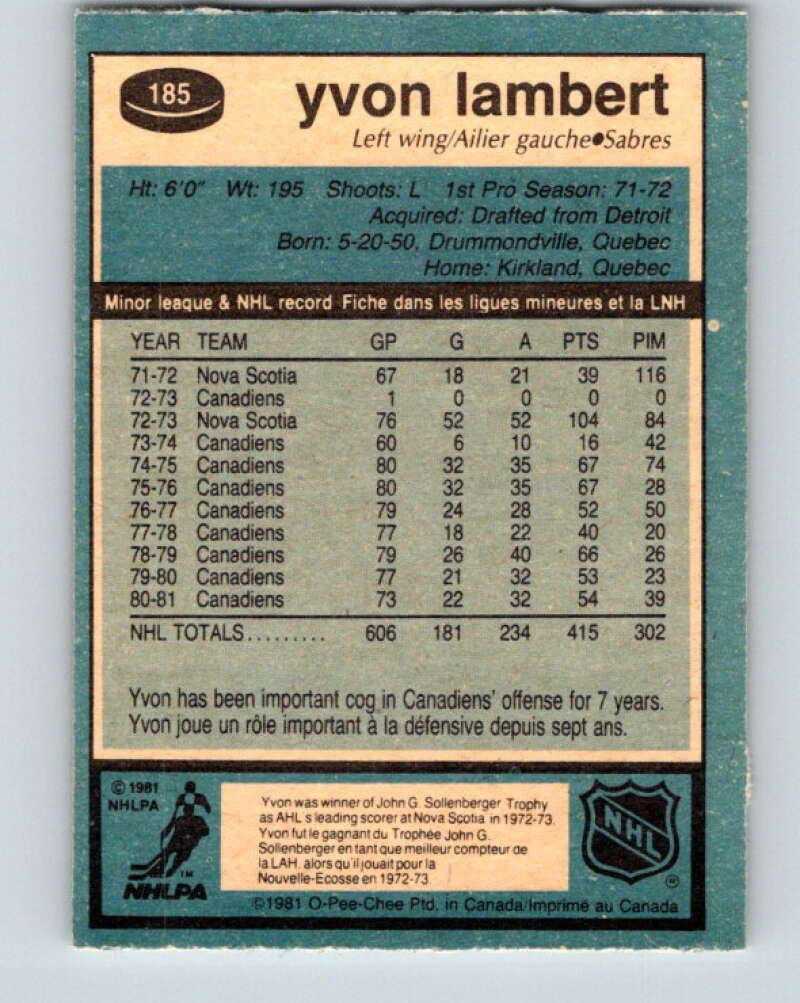 1981-82 O-Pee-Chee #185 Yvon Lambert Montreal Canadiens V30781