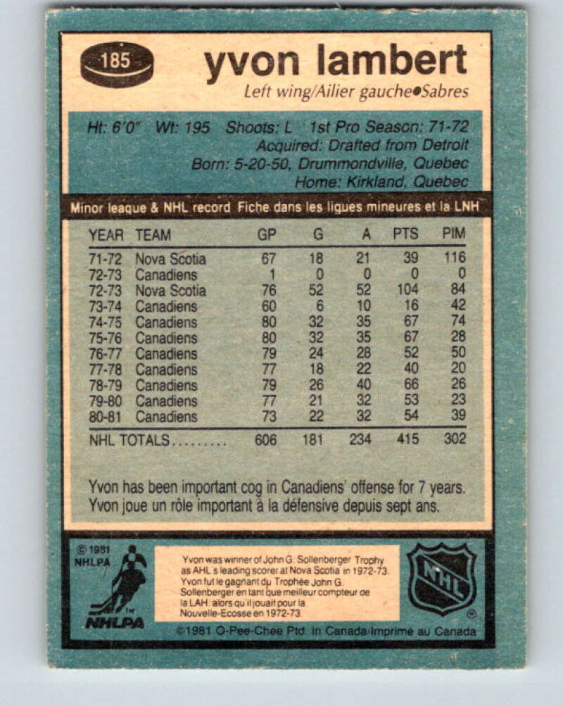 1981-82 O-Pee-Chee #185 Yvon Lambert Montreal Canadiens V30784