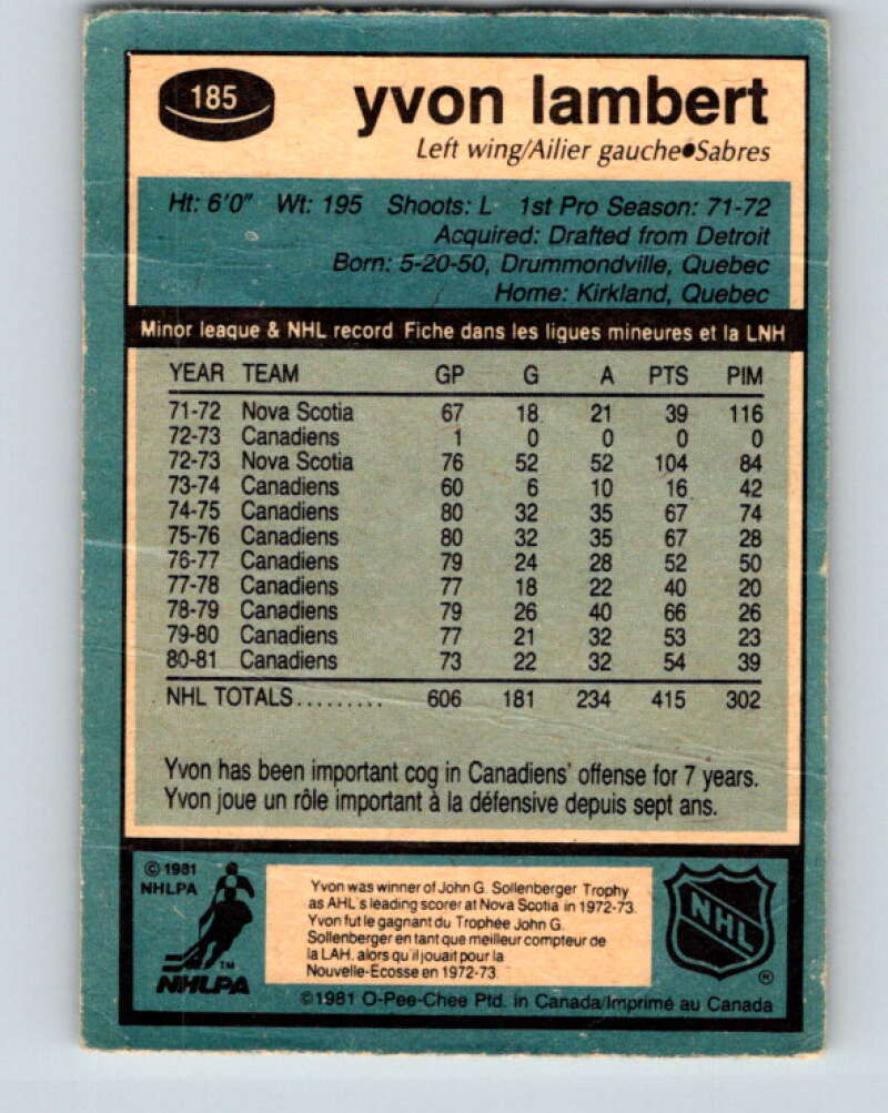 1981-82 O-Pee-Chee #185 Yvon Lambert Montreal Canadiens V30785