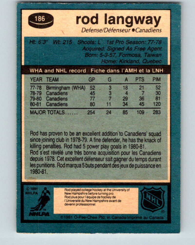 1981-82 O-Pee-Chee #186 Rod Langway Montreal Canadiens V30793