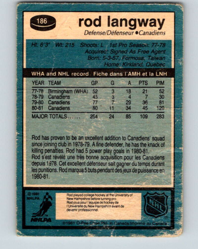 1981-82 O-Pee-Chee #186 Rod Langway Montreal Canadiens V30794
