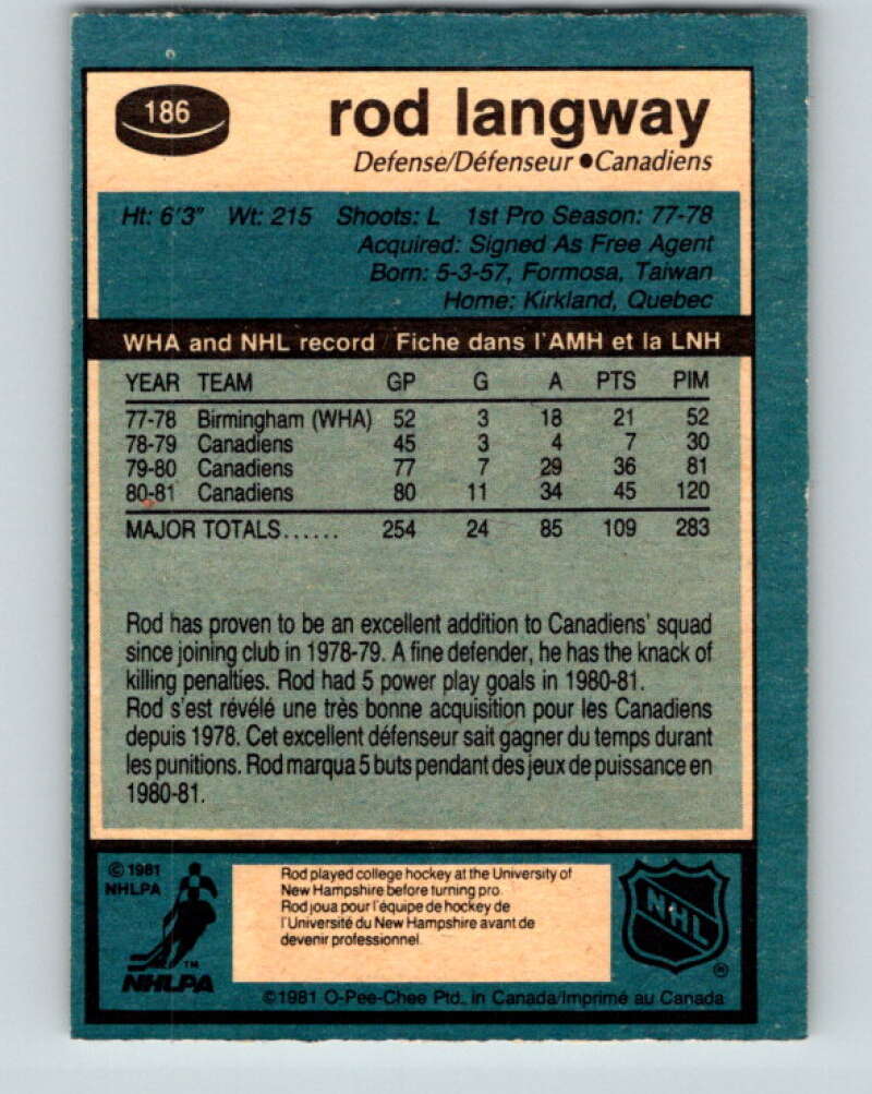1981-82 O-Pee-Chee #186 Rod Langway Montreal Canadiens V30797