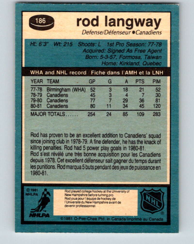 1981-82 O-Pee-Chee #186 Rod Langway Montreal Canadiens V30799