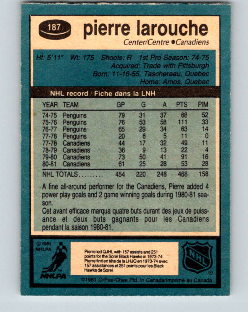 1981-82 O-Pee-Chee #187 Pierre Larouche Montreal Canadiens V30800