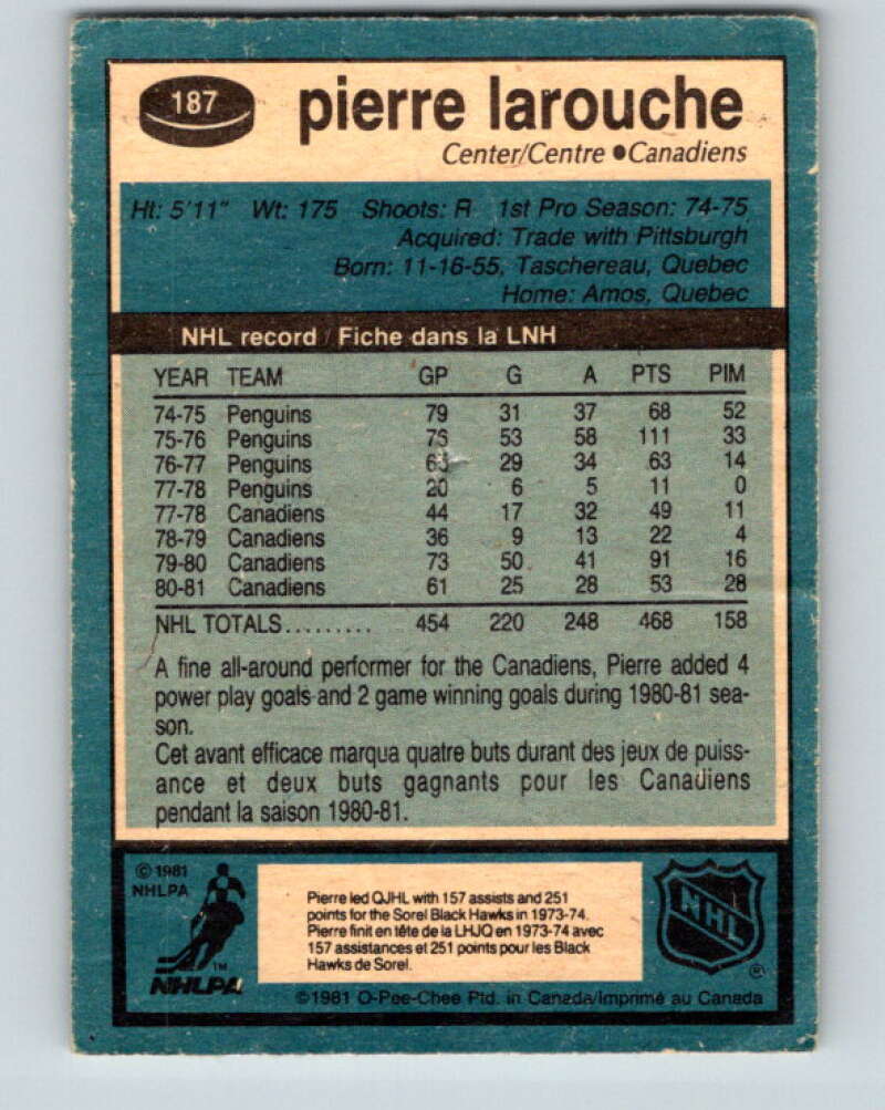 1981-82 O-Pee-Chee #187 Pierre Larouche Montreal Canadiens V30801
