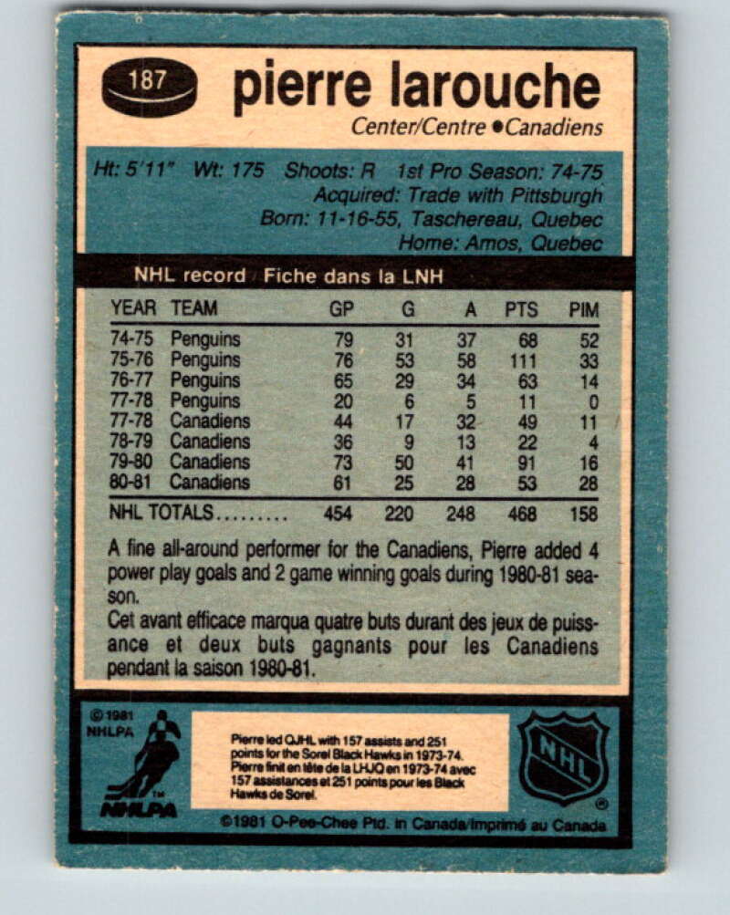 1981-82 O-Pee-Chee #187 Pierre Larouche Montreal Canadiens V30804