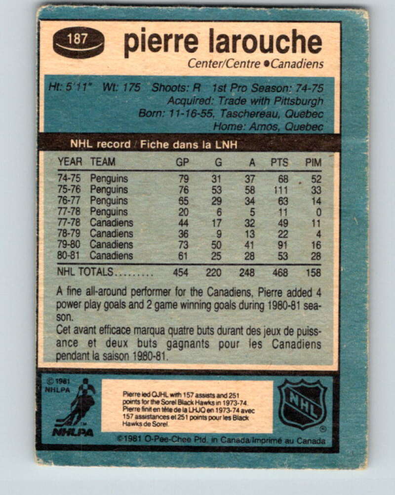 1981-82 O-Pee-Chee #187 Pierre Larouche Montreal Canadiens V30805