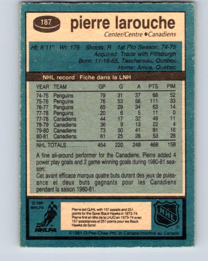 1981-82 O-Pee-Chee #187 Pierre Larouche Montreal Canadiens V30806