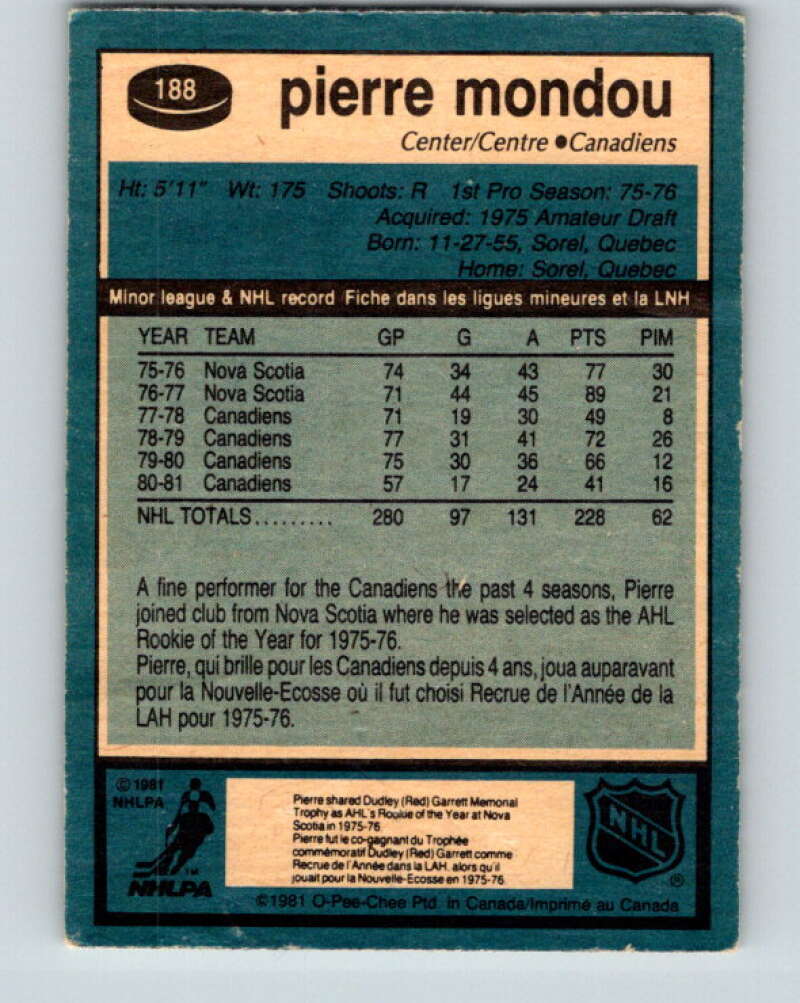 1981-82 O-Pee-Chee #188 Pierre Mondou Montreal Canadiens V30809
