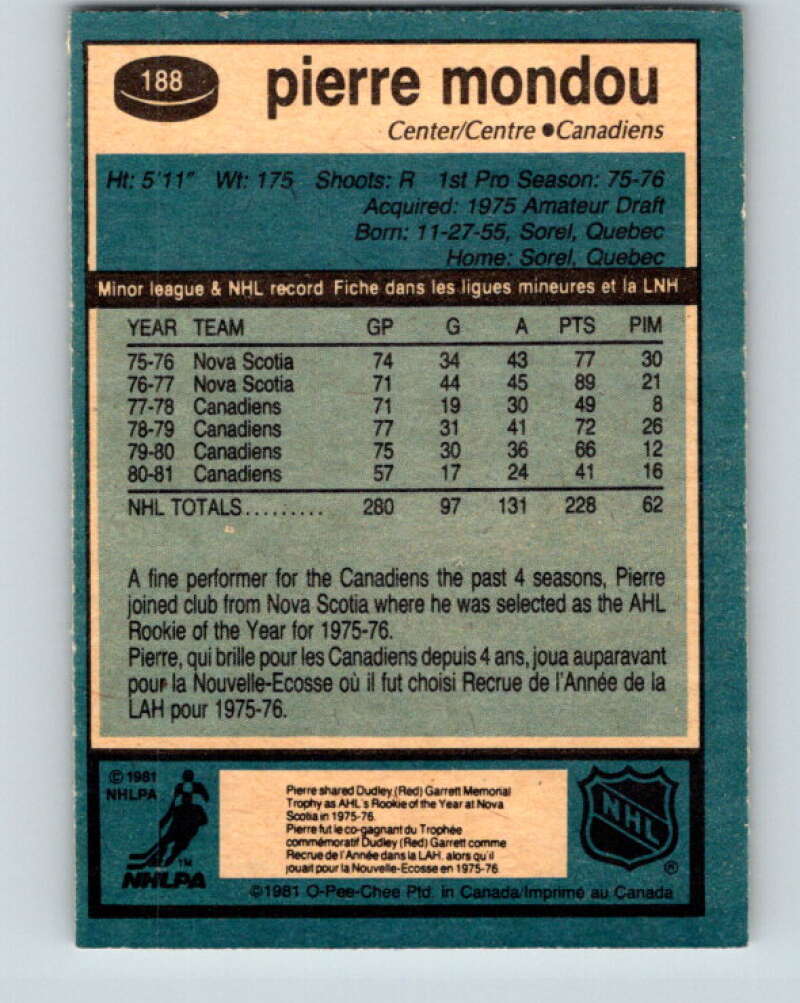 1981-82 O-Pee-Chee #188 Pierre Mondou Montreal Canadiens V30810