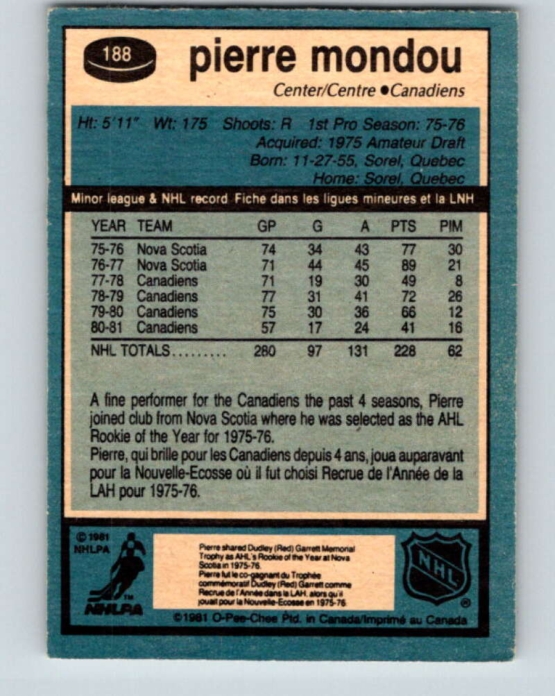 1981-82 O-Pee-Chee #188 Pierre Mondou Montreal Canadiens V30811