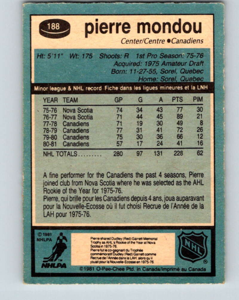 1981-82 O-Pee-Chee #188 Pierre Mondou Montreal Canadiens V30812