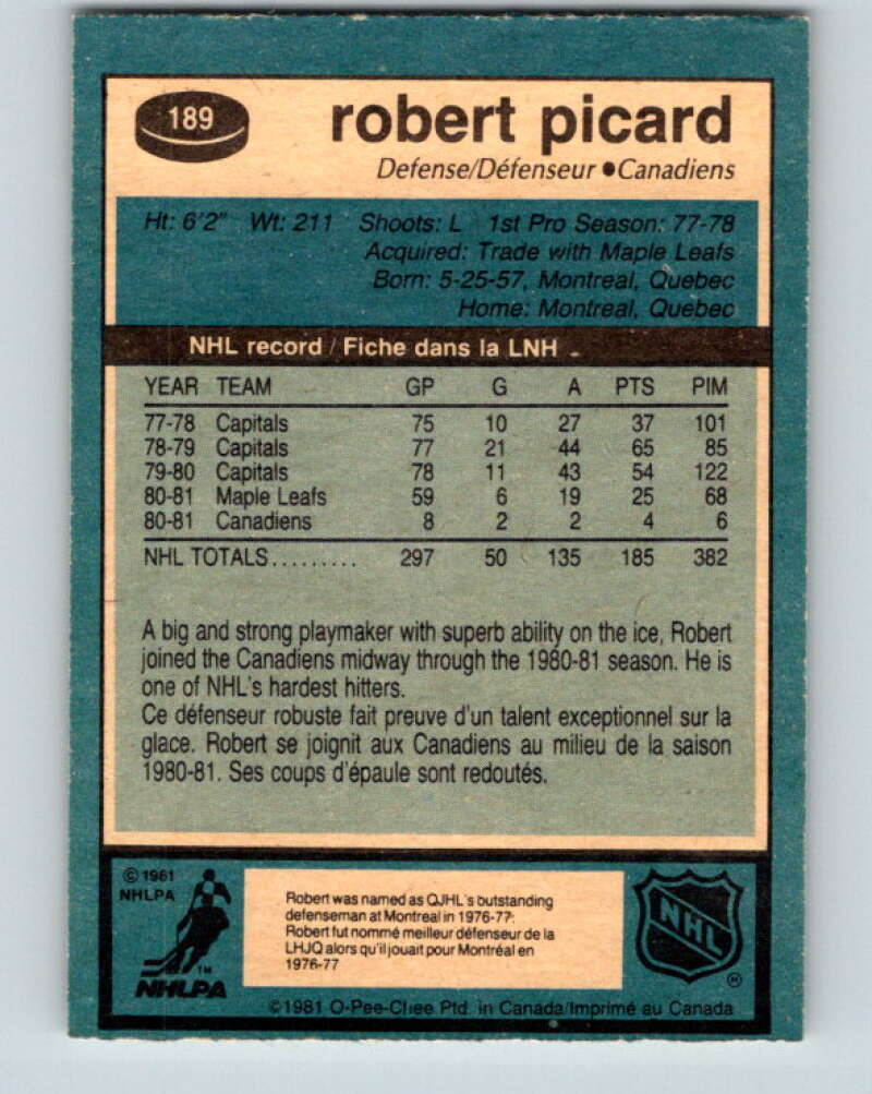 1981-82 O-Pee-Chee #189 Robert Picard Montreal Canadiens V30815
