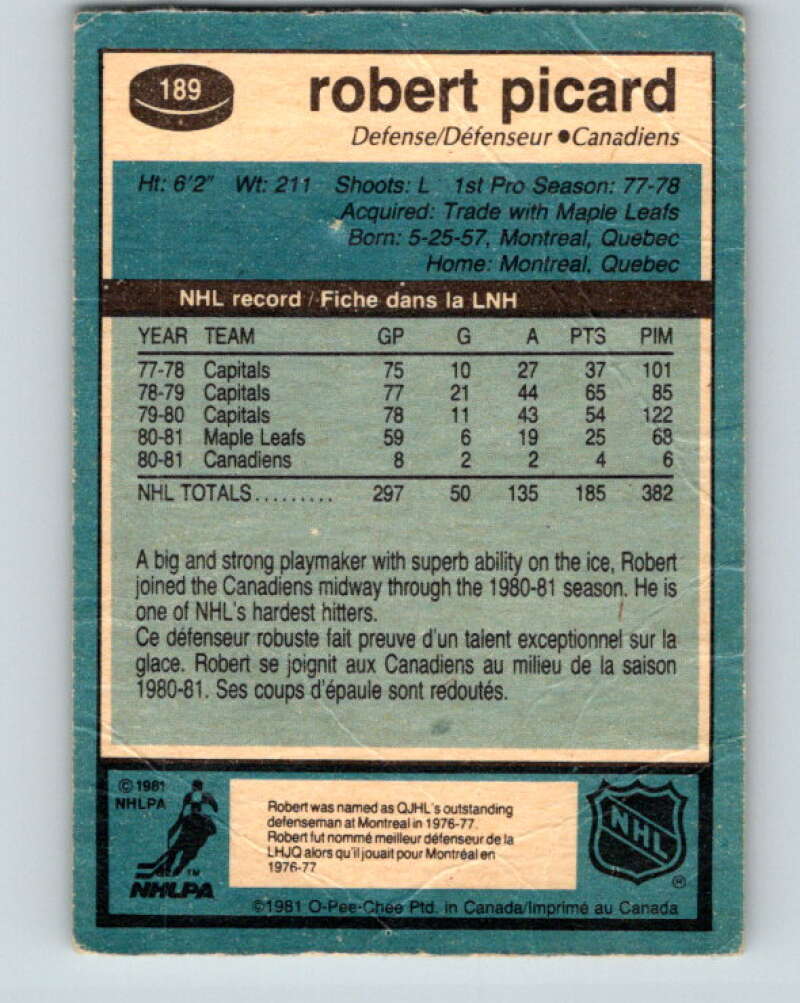 1981-82 O-Pee-Chee #189 Robert Picard Montreal Canadiens V30816