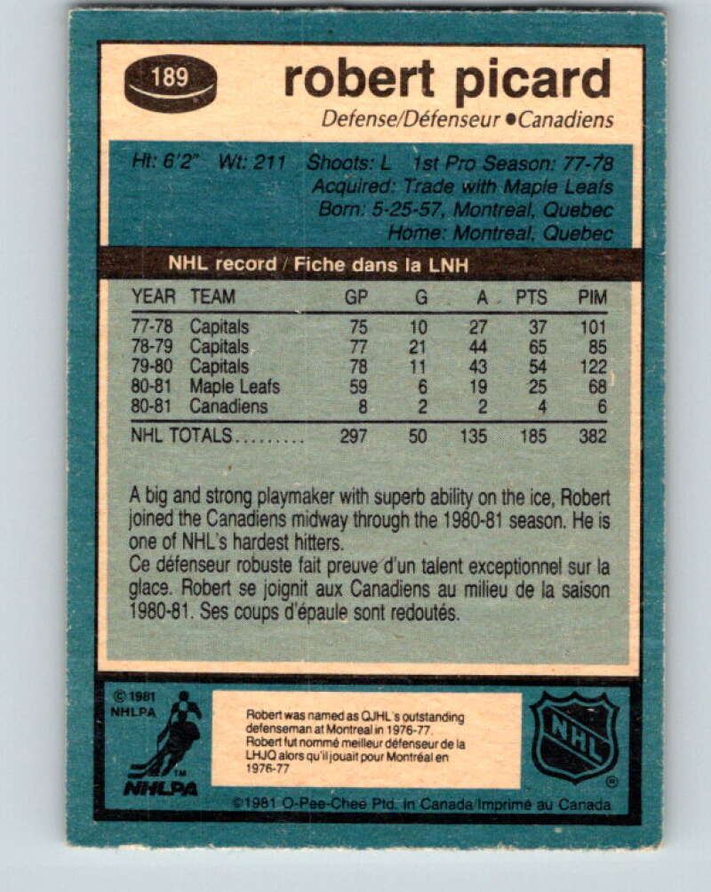1981-82 O-Pee-Chee #189 Robert Picard Montreal Canadiens V30817
