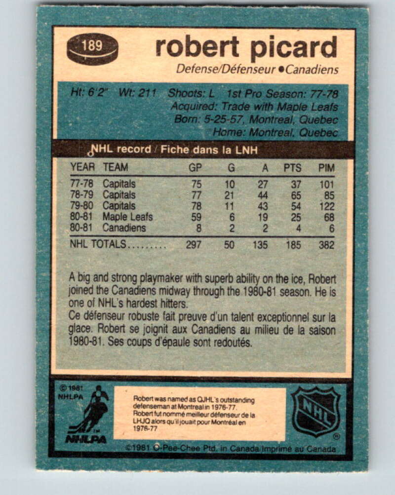 1981-82 O-Pee-Chee #189 Robert Picard Montreal Canadiens V30820