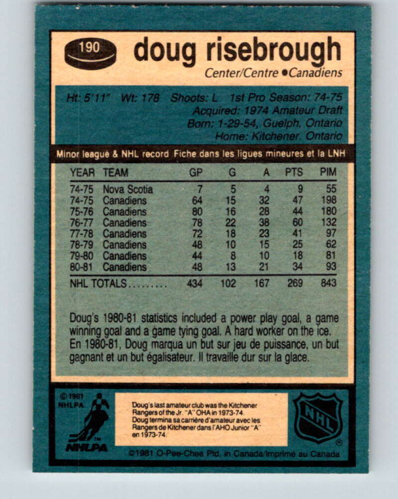 1981-82 O-Pee-Chee #190 Doug Risebrough Montreal Canadiens V30822