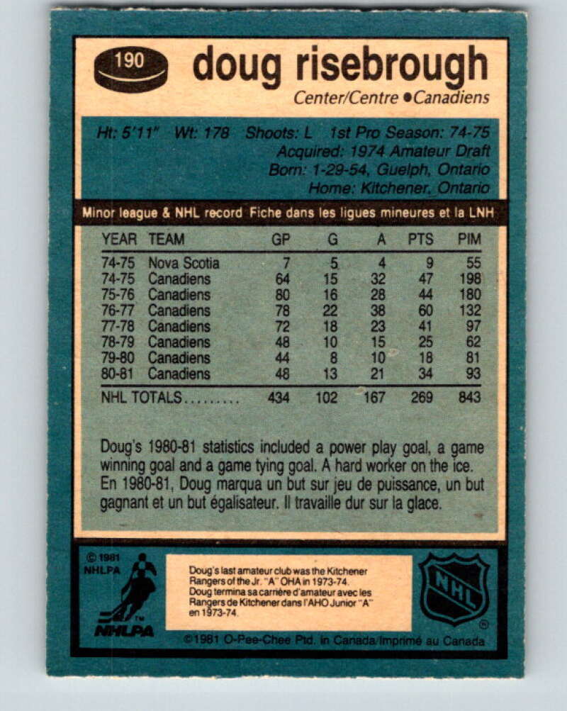 1981-82 O-Pee-Chee #190 Doug Risebrough Montreal Canadiens V30824