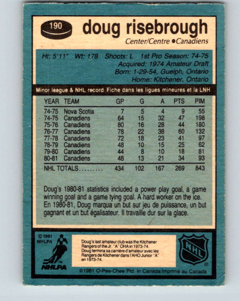 1981-82 O-Pee-Chee #190 Doug Risebrough Montreal Canadiens V30825
