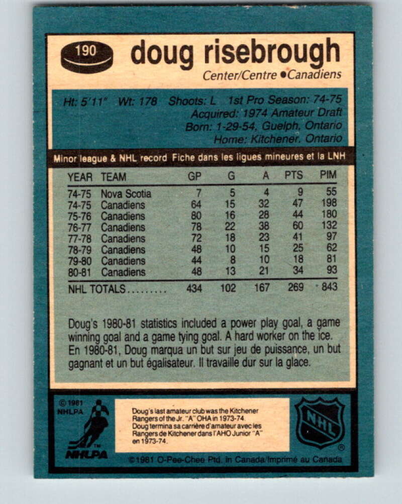 1981-82 O-Pee-Chee #190 Doug Risebrough Montreal Canadiens V30826