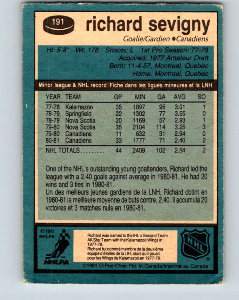 1981-82 O-Pee-Chee #191 Richard Sevigny Montreal Canadiens V30830