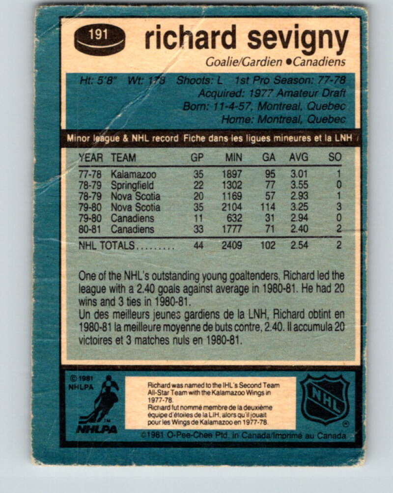 1981-82 O-Pee-Chee #191 Richard Sevigny Montreal Canadiens V30831