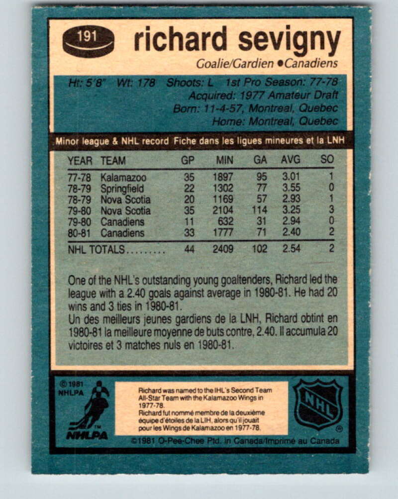 1981-82 O-Pee-Chee #191 Richard Sevigny Montreal Canadiens V30832