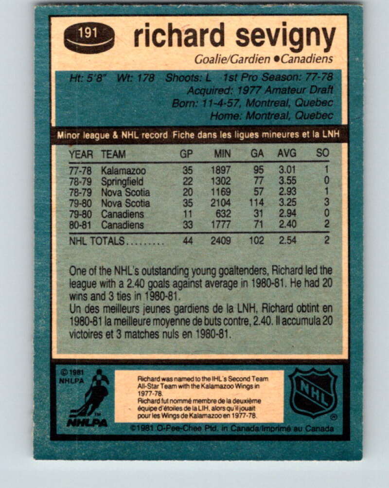 1981-82 O-Pee-Chee #191 Richard Sevigny Montreal Canadiens V30833