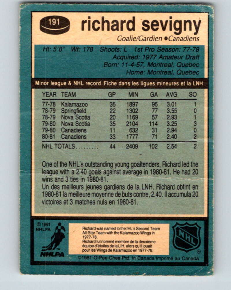 1981-82 O-Pee-Chee #191 Richard Sevigny Montreal Canadiens V30834