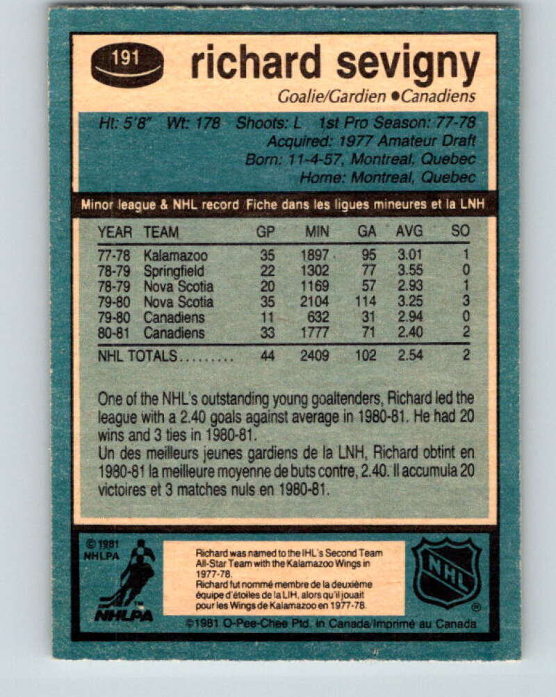 1981-82 O-Pee-Chee #191 Richard Sevigny Montreal Canadiens V30835