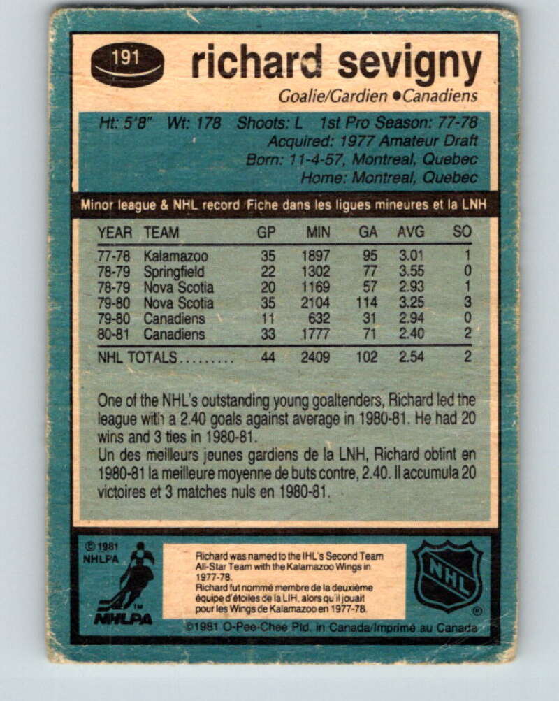1981-82 O-Pee-Chee #191 Richard Sevigny Montreal Canadiens V30836