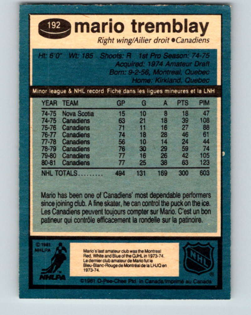 1981-82 O-Pee-Chee #192 Mario Tremblay Montreal Canadiens V30837