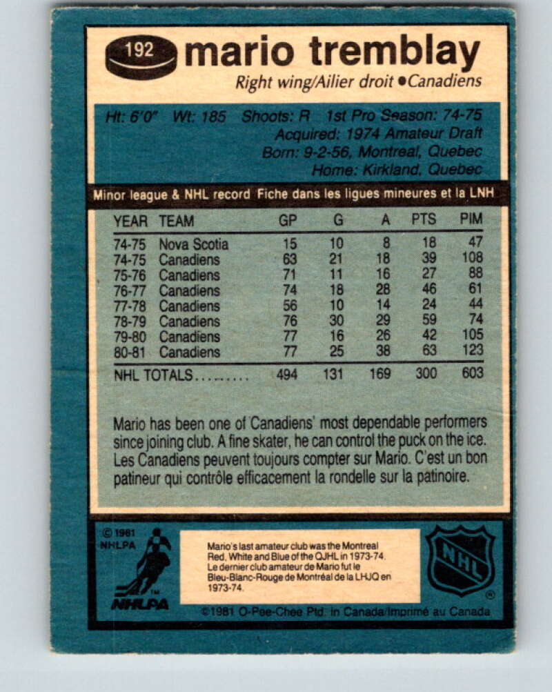 1981-82 O-Pee-Chee #192 Mario Tremblay Montreal Canadiens V30839