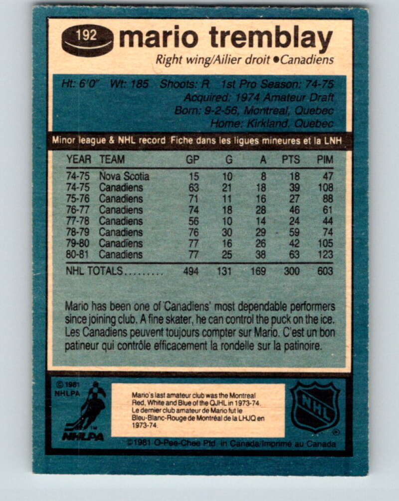 1981-82 O-Pee-Chee #192 Mario Tremblay Montreal Canadiens V30840