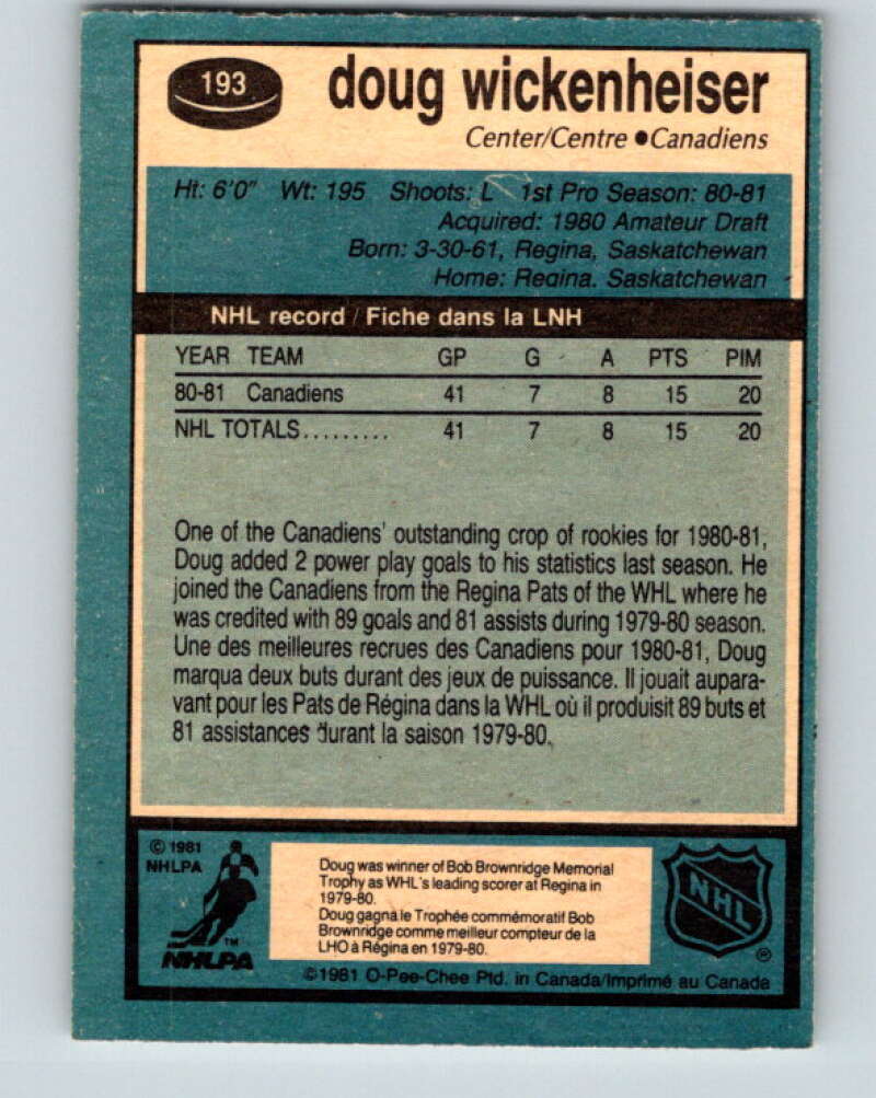 1981-82 O-Pee-Chee #193 Doug Wickenheiser RC Rookie Canadiens V30853