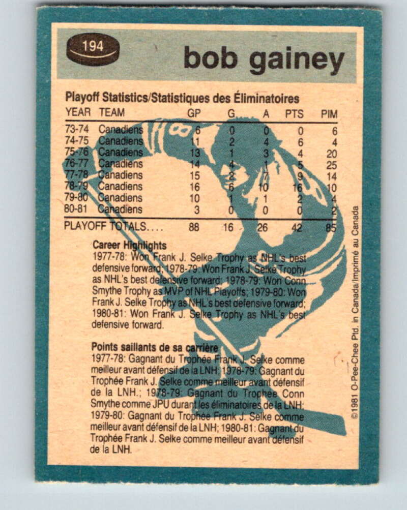 1981-82 O-Pee-Chee #194 Bob Gainey Montreal Canadiens V30858