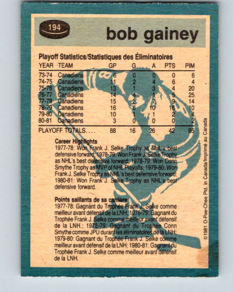 1981-82 O-Pee-Chee #194 Bob Gainey Montreal Canadiens V30859