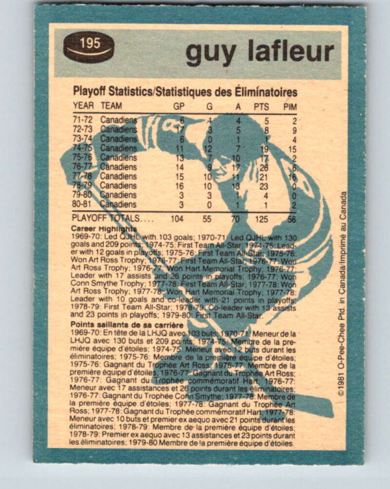 1981-82 O-Pee-Chee #195 Guy Lafleur Montreal Canadiens V30862