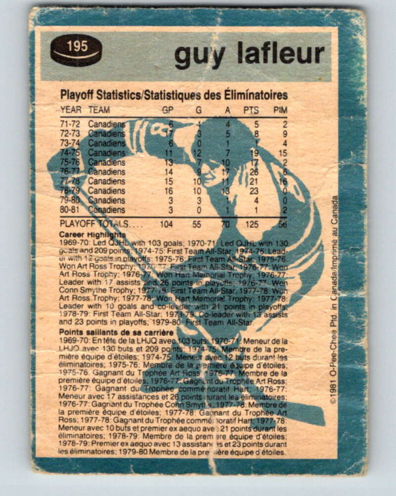 1981-82 O-Pee-Chee #195 Guy Lafleur Montreal Canadiens V30866