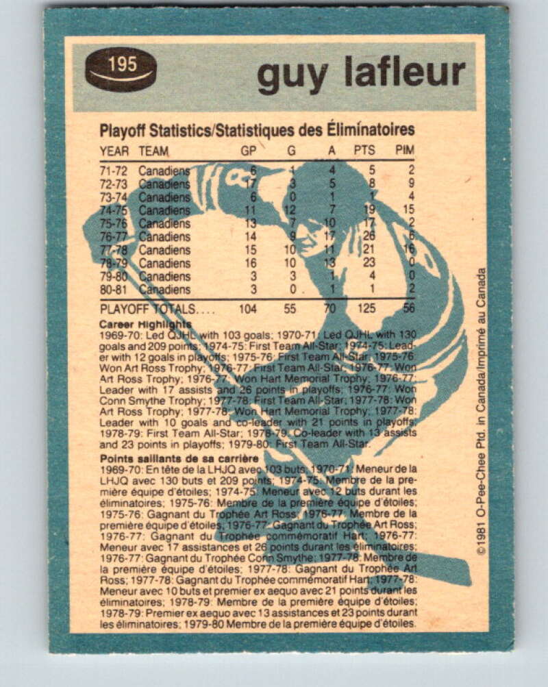 1981-82 O-Pee-Chee #195 Guy Lafleur Montreal Canadiens V30870