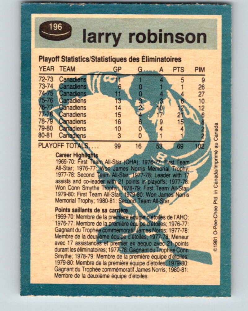 1981-82 O-Pee-Chee #196 Larry Robinson Montreal Canadiens V30874