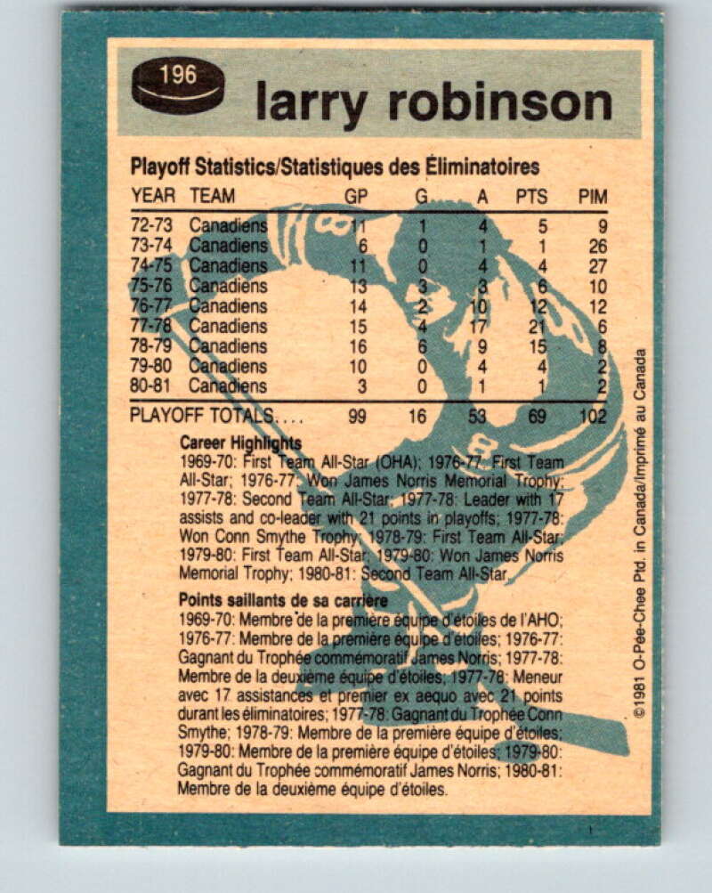 1981-82 O-Pee-Chee #196 Larry Robinson Montreal Canadiens V30875