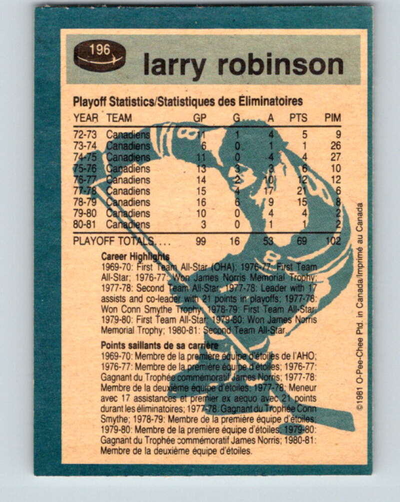 1981-82 O-Pee-Chee #196 Larry Robinson Montreal Canadiens V30880