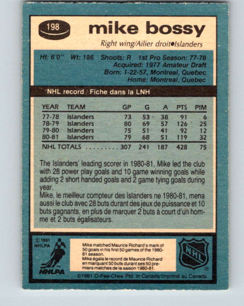1981-82 O-Pee-Chee #198 Mike Bossy New York Islanders V30898