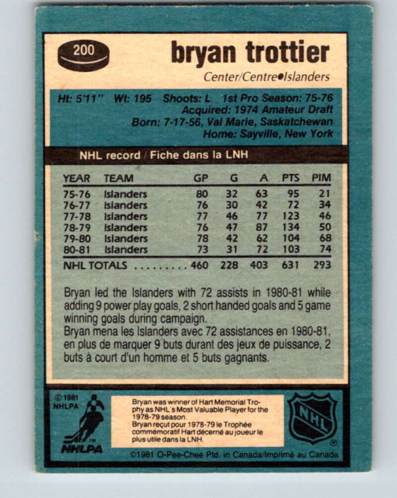 1981-82 O-Pee-Chee #200 Bryan Trottier New York Islanders V30907
