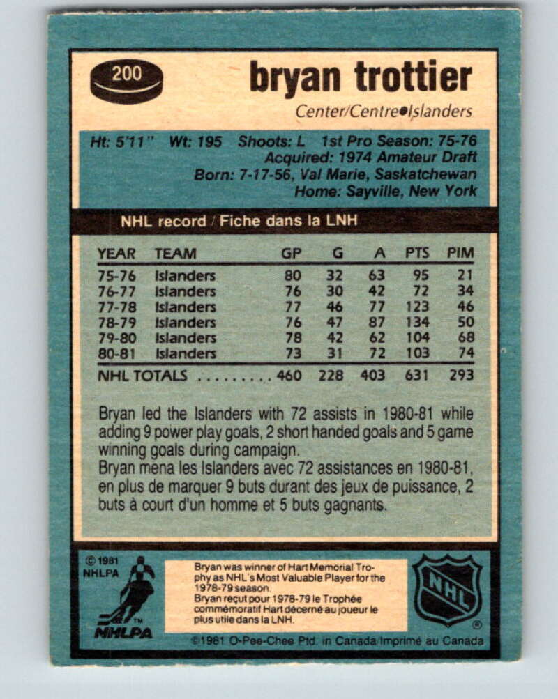 1981-82 O-Pee-Chee #200 Bryan Trottier New York Islanders V30908