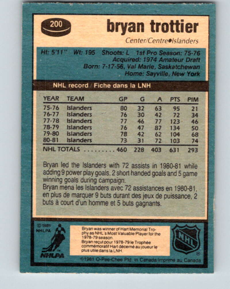 1981-82 O-Pee-Chee #200 Bryan Trottier New York Islanders V30909