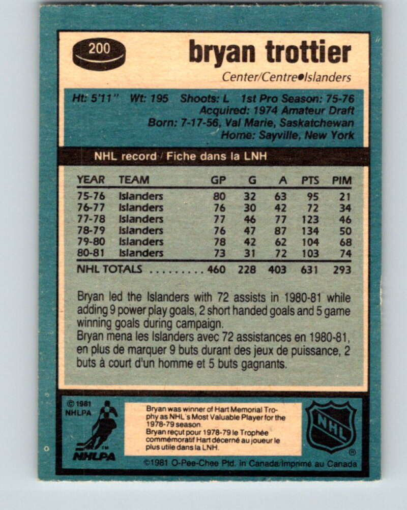 1981-82 O-Pee-Chee #200 Bryan Trottier New York Islanders V30910