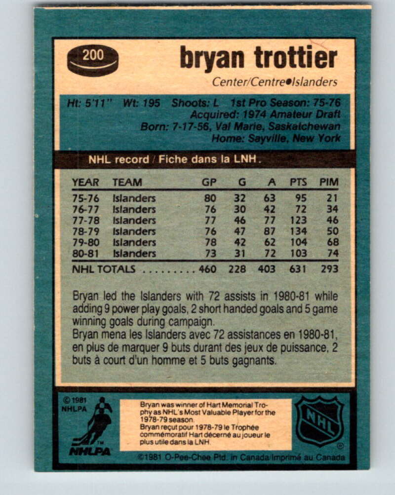 1981-82 O-Pee-Chee #200 Bryan Trottier New York Islanders V30911